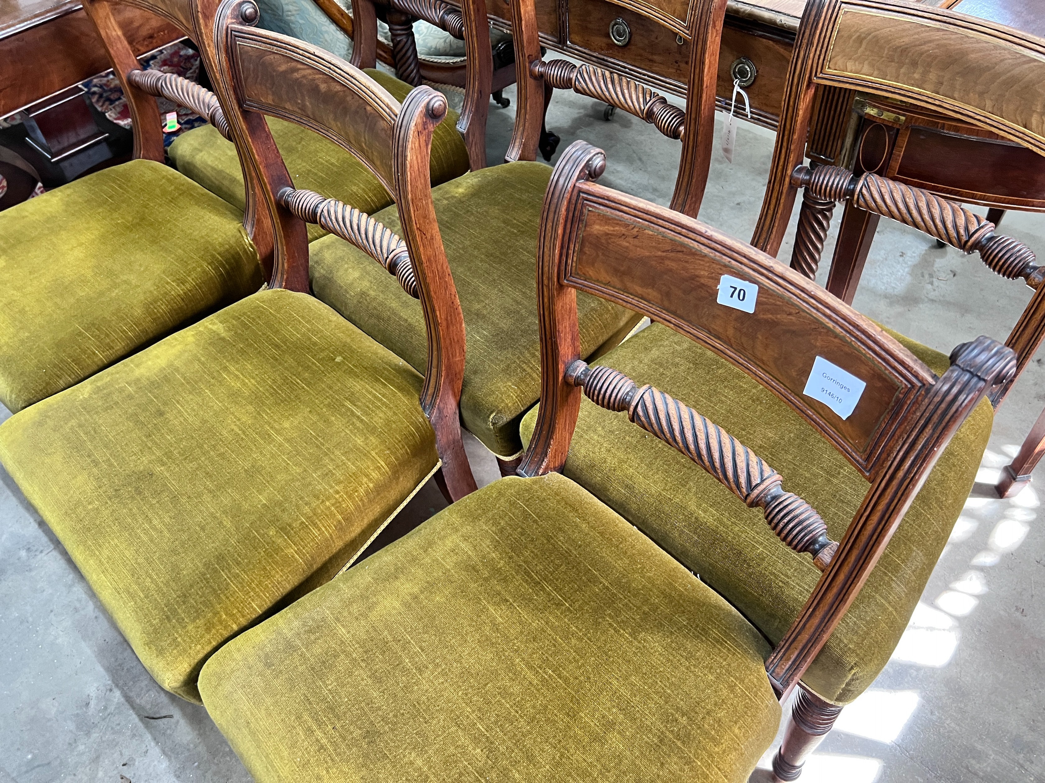 A set of six Regency brass inlaid mahogany dining chairs *Please note the sale commences at 9am.